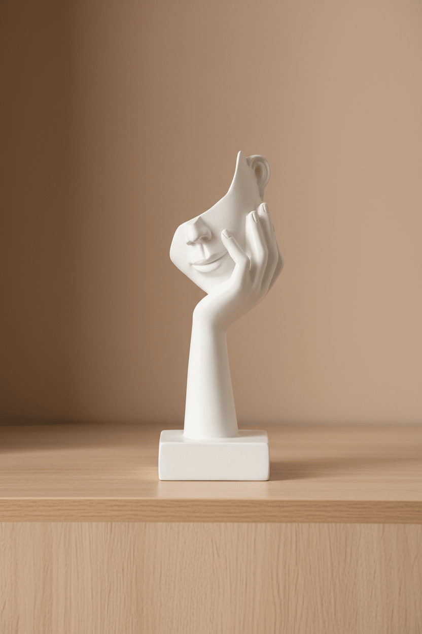 Beeld van polyresin droom figuur op een kast met lichtbeige achtergrond muur