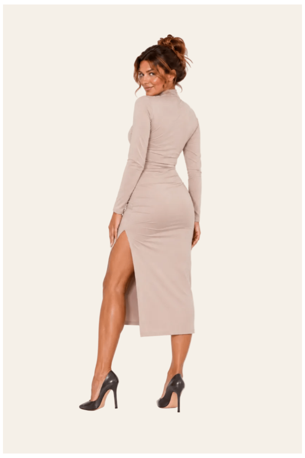 Beige viscose midi kokerjurk met col en plooidetails