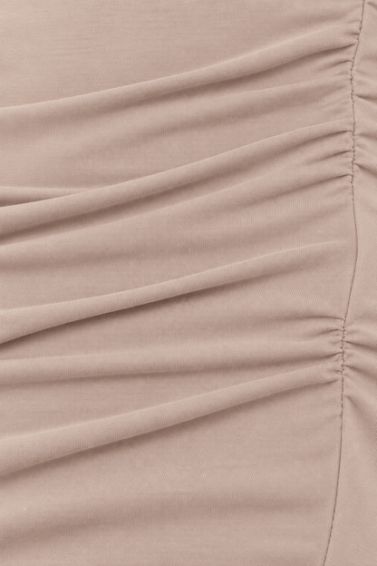 Beige viscose midi kokerjurk met col en plooidetails