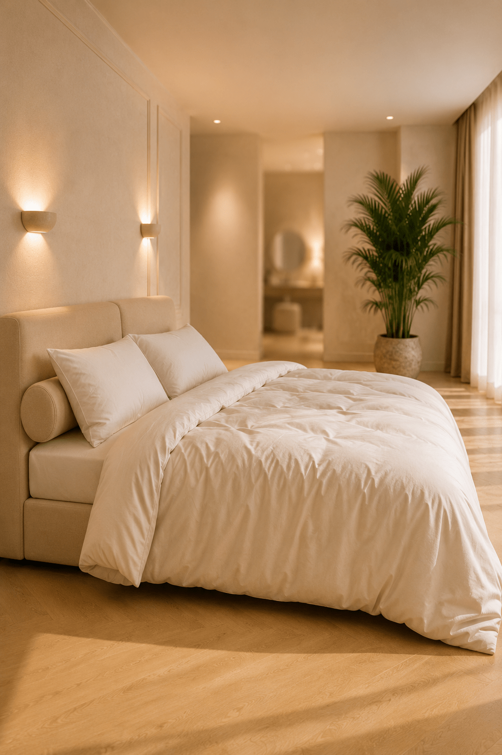 Beige dekbedovertrek van TENCEL Lyocell in twillweving op een bed in een warme, minimalistische slaapkamer