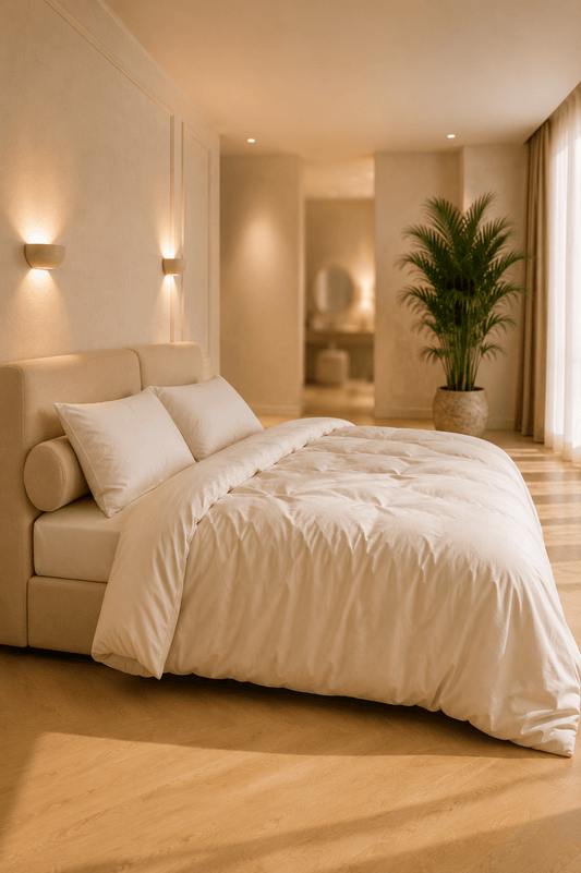 Beige dekbedovertrek van TENCEL Lyocell in twillweving op een bed in een warme, minimalistische slaapkamer