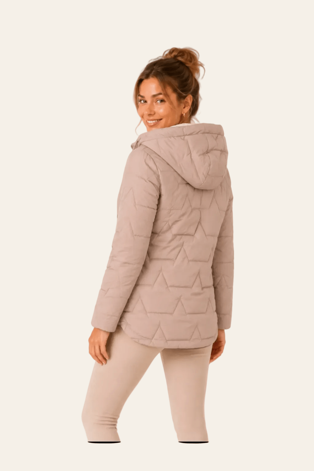 Beige gewatteerde damesjas met afneembare capuchon