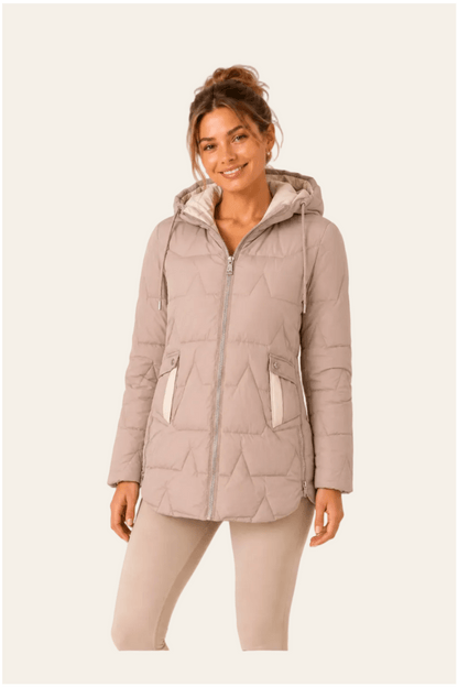 Beige gewatteerde damesjas met afneembare capuchon