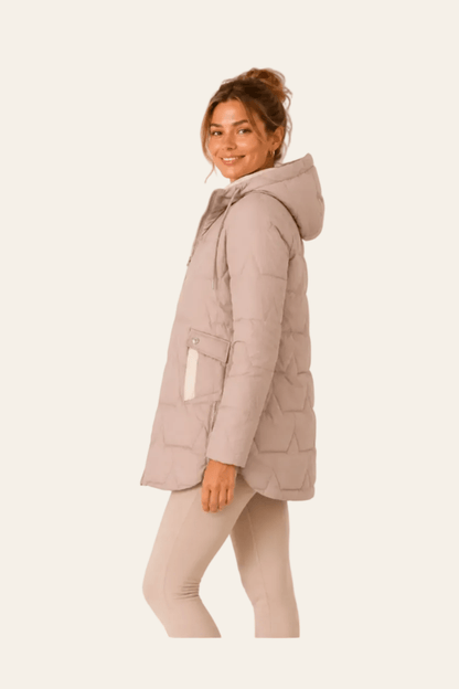 Beige gewatteerde damesjas met afneembare capuchon