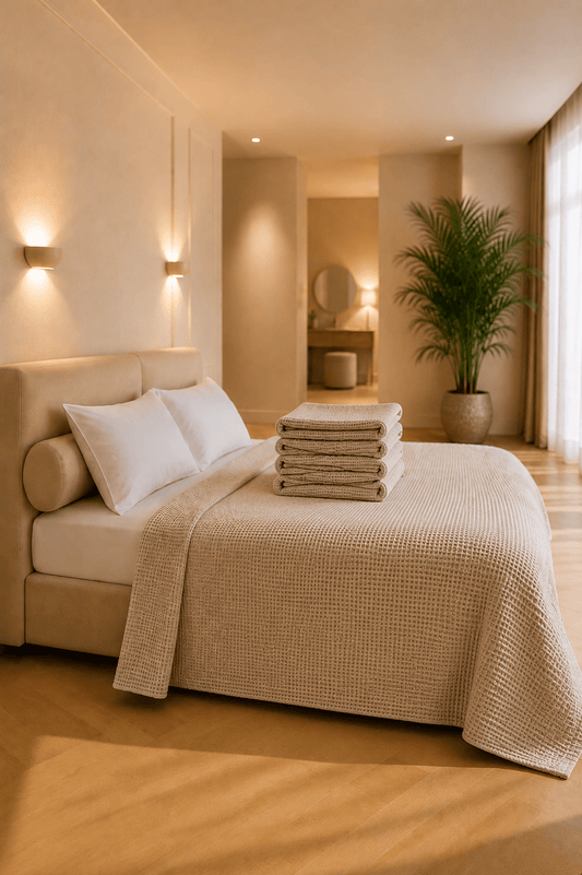 Beige linnen sprei op een opgemaakt bed, gecombineerd met witte hoofdkussens en een taupekleurig sierkussen