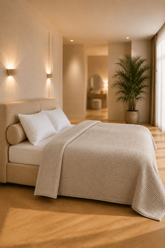 Beige sprei van linnenvezel van 240 × 260 cm op een bed in een warme, minimalistische slaapkamer