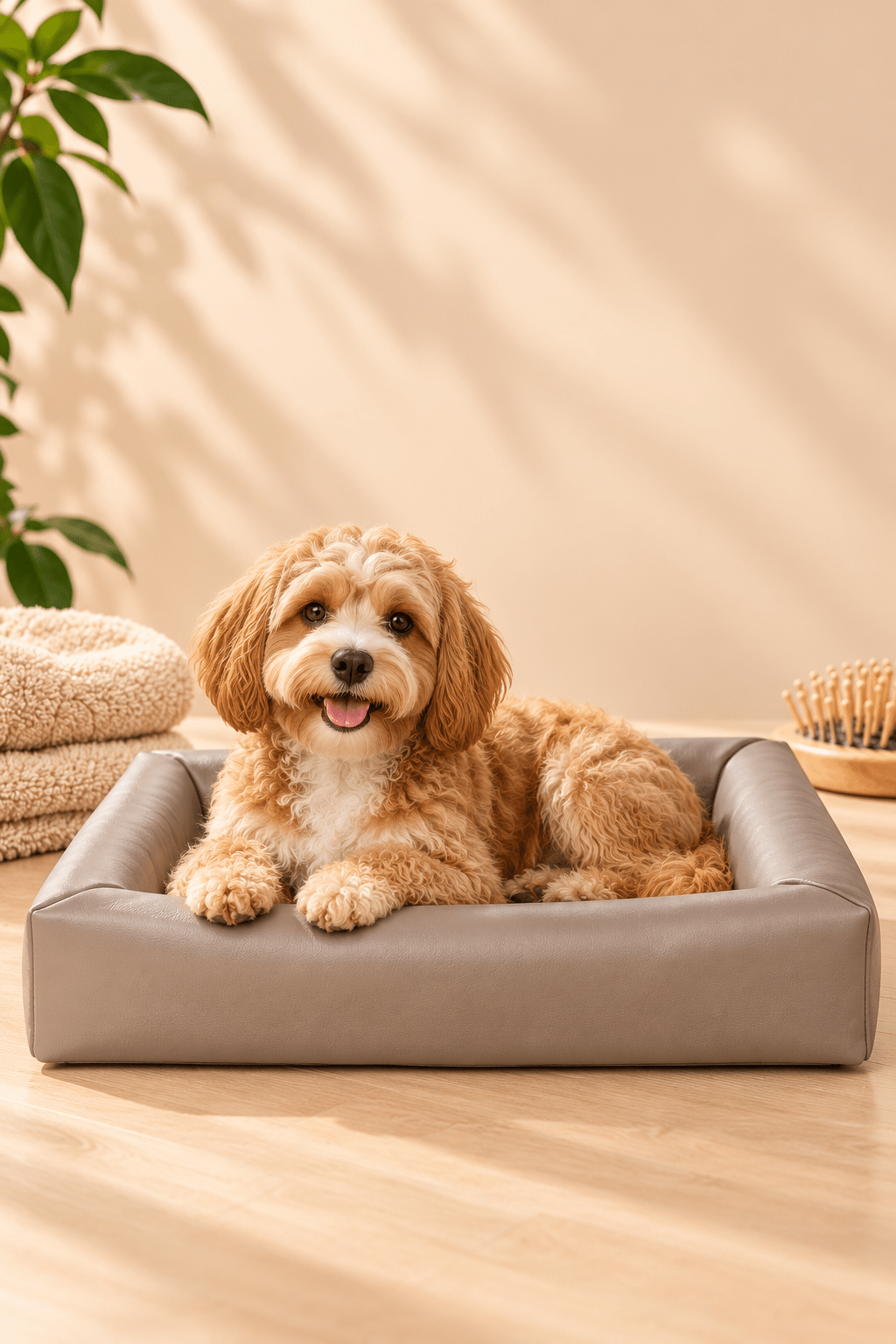 Kleine lichtbruine hond ligt ontspannen in de taupekleurige Bia Bed orthopedische hondenmand in een warme, lichte woonomgeving.