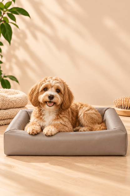 Kleine lichtbruine hond ligt ontspannen in de taupekleurige Bia Bed orthopedische hondenmand in een warme, lichte woonomgeving.