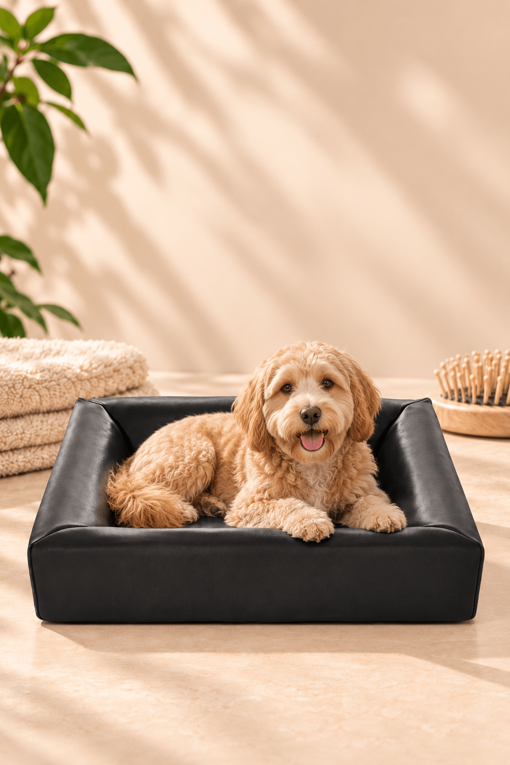 Golden retriever ligt ontspannen in een zwarte Bia Bed orthopedische hondenmand van 70 × 60 × 15 cm in een lichte, sfeervolle woonkamer.