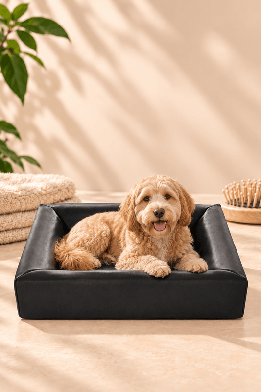 Golden retriever ligt ontspannen in een zwarte Bia Bed orthopedische hondenmand van 70 × 60 × 15 cm in een lichte, sfeervolle woonkamer.