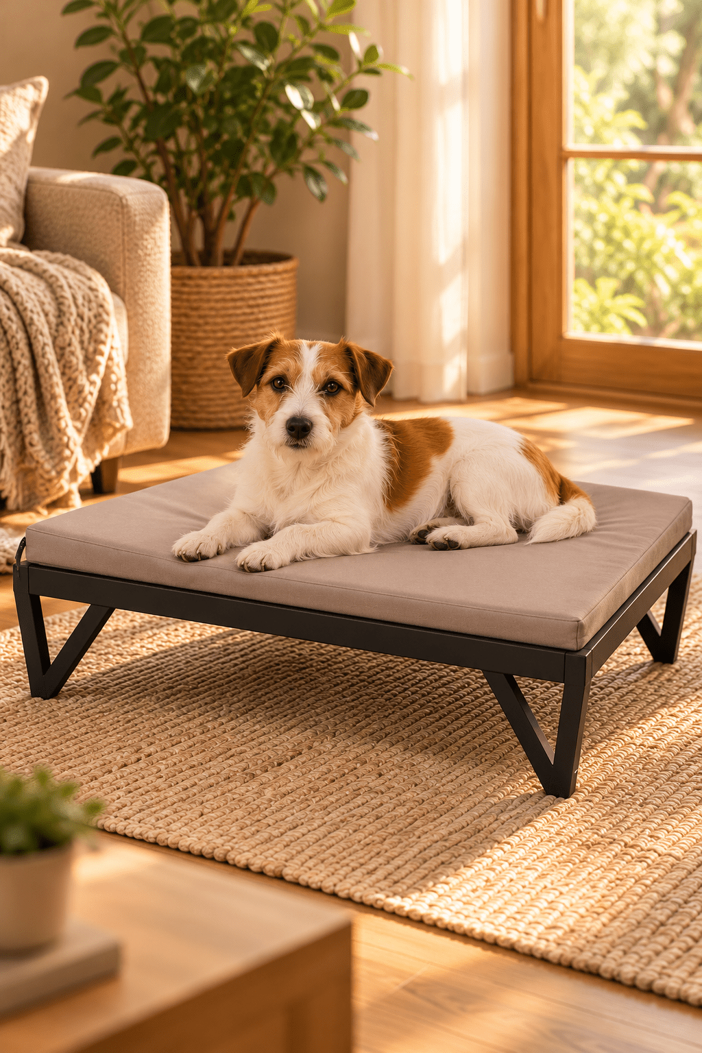 Hond rust op taupekleurig Bia Bed hondenmatras in een gezellige woonkamer met warme natuurlijke lichtinval.
