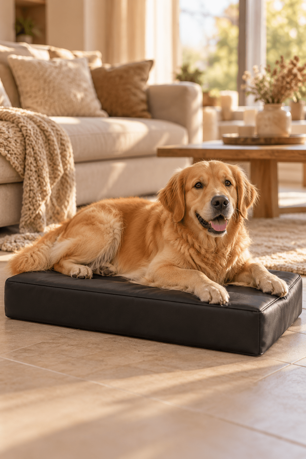 Hond ligt ontspannen op het zwarte Bia Bed Ortho orthopedische hondenmatras in een sfeervolle beige woonkamer.