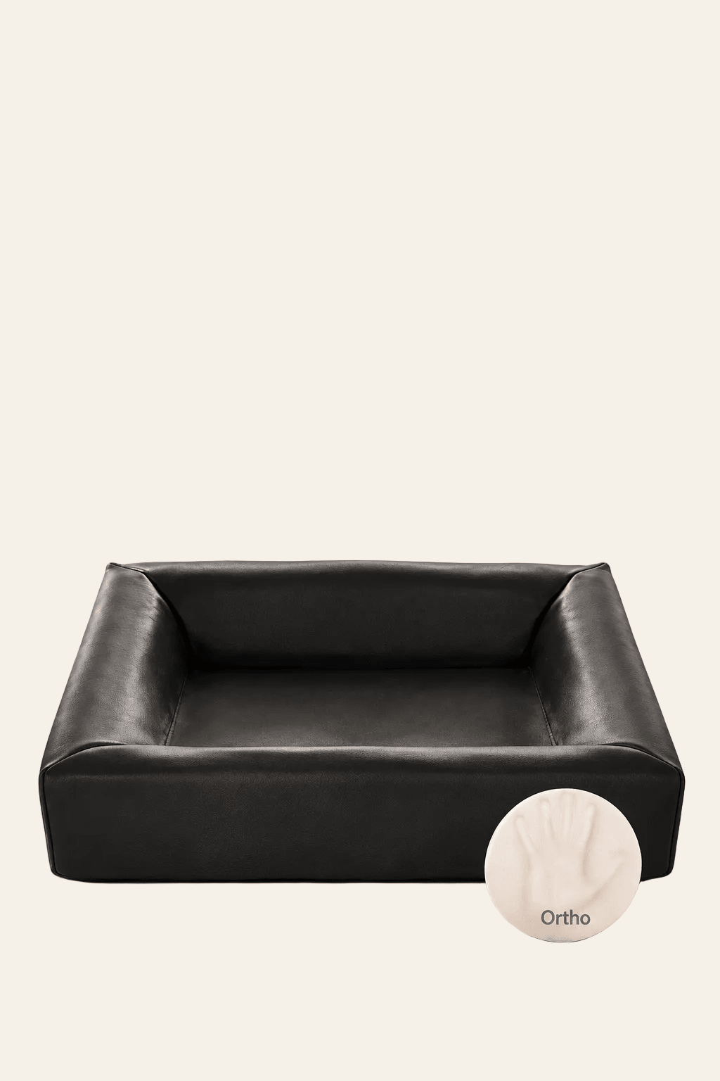 Zwarte Bia Bed Ortho Bia-3 hondenmand met ronde detailafbeelding van een handafdruk in het drukverlagende orthopedische schuim.