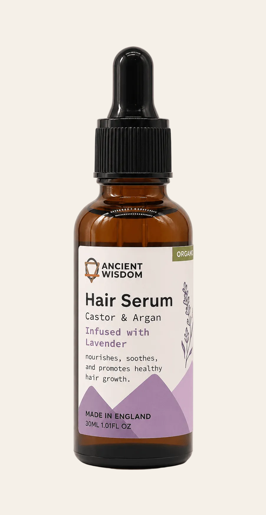 Biologisch haarserum met lavendel en arganolie op een licht beige achtergrond als productfoto