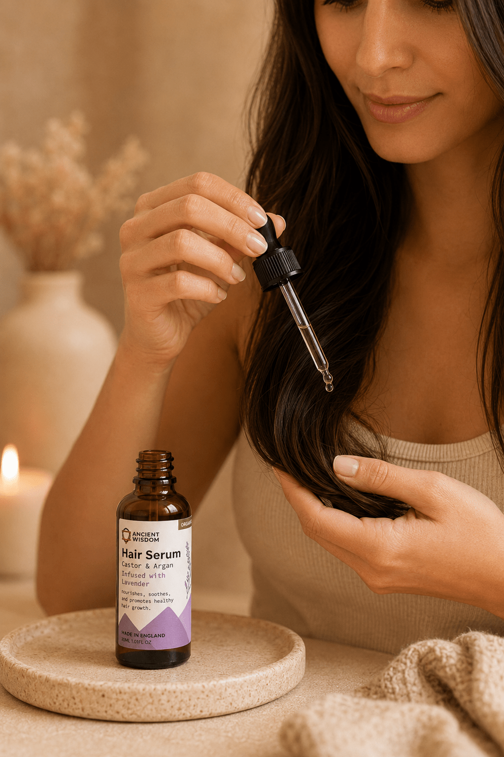 Biologisch haarserum met lavendel en arganolie druppelend op de vrouw haar haren