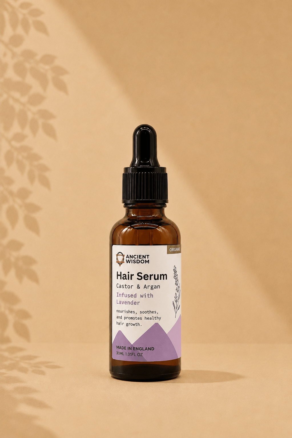 Biologisch haarserum met lavendel en arganolie 30ml in bruin transparant flesje met zwarte druppelaar