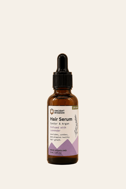 Biologisch haarserum met lavendel en arganolie 30ml in een bruin transparant flesje met zwarte druppelaar als productfoto