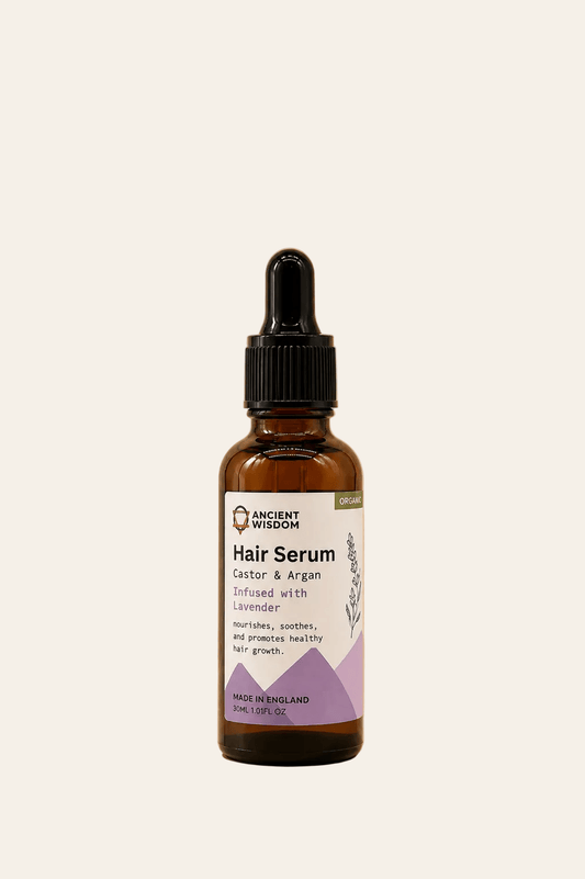 Biologisch haarserum met lavendel en arganolie 30ml in een bruin transparant flesje met zwarte druppelaar als productfoto