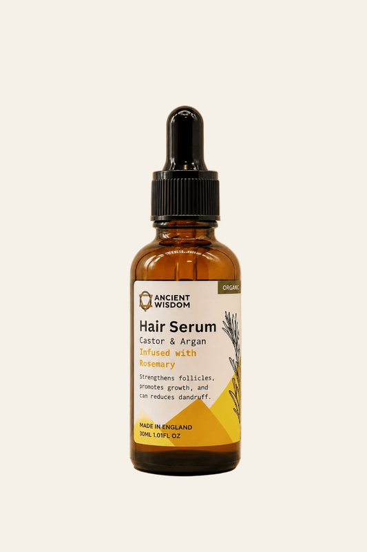 Biologisch haarserum met rozemarijn en arganolie 30ml in een bruin transparant flesje met zwarte druppelaar als productfoto