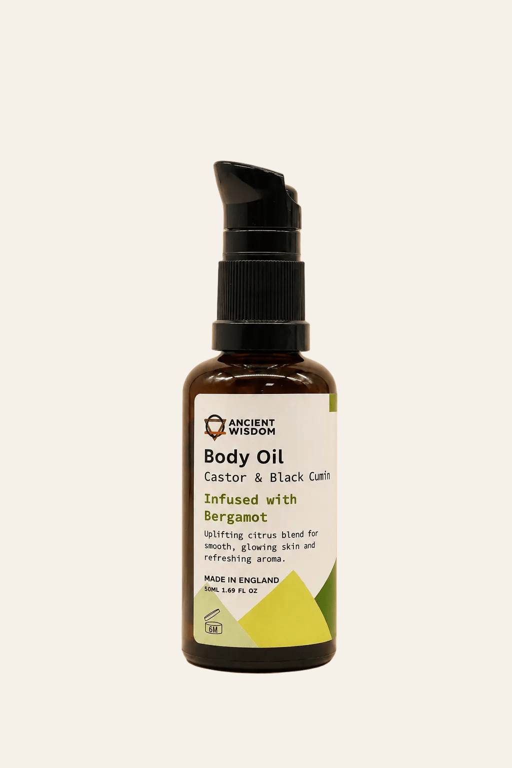 Biologische bodyolie met bergamot geur 50ml in een bruin transparant flesje met zwarte spuitknop als productfoto