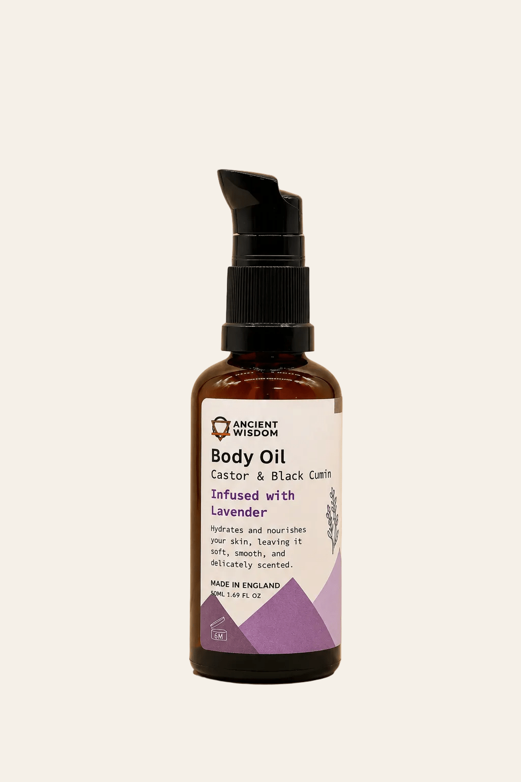  Biologische bodyolie met lavendel geur 50ml in een bruin transparant flesje met zwarte spuitdop als productfoto