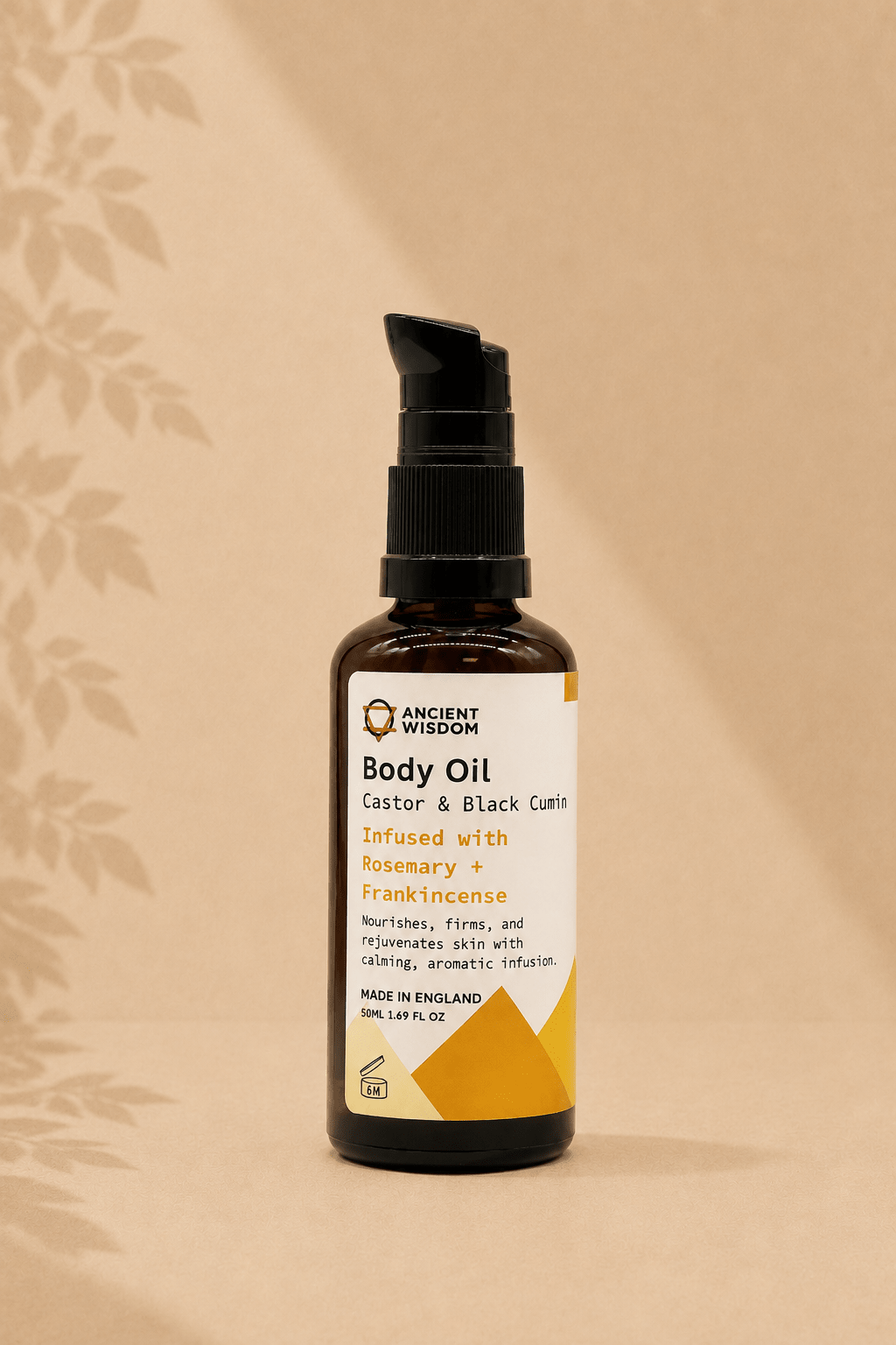  Biologische bodyolie met rozemarijn en wierook geur 50ml in bruine transparante fles met zwarte spuitknop