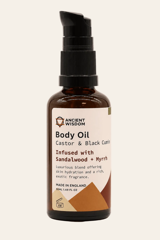 Biologische bodyolie met sandelhout en mirre