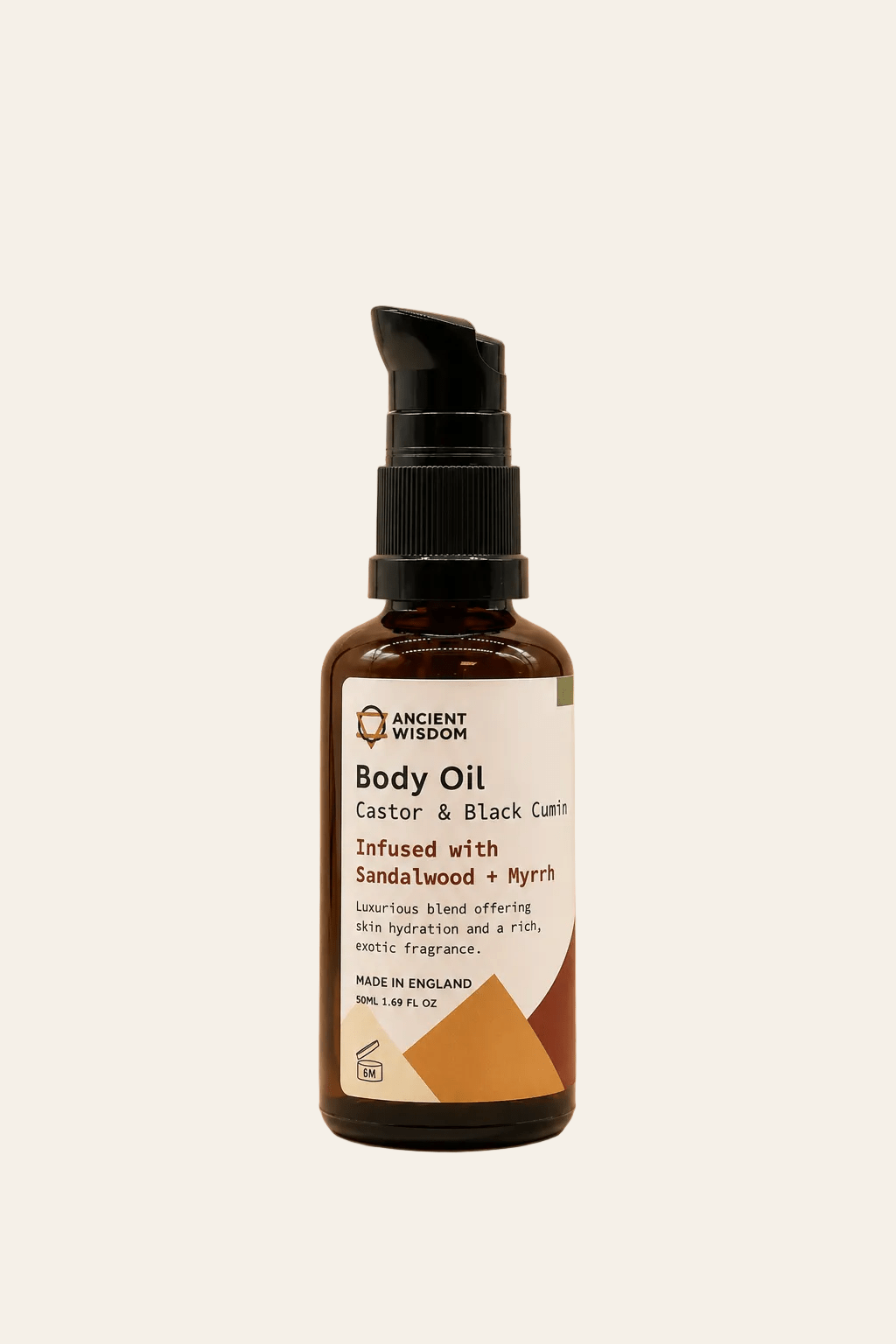 Biologische bodyolie met sandelhout en mirre 50ml in bruine transparante fles met zwarte spuitknop als productfoto