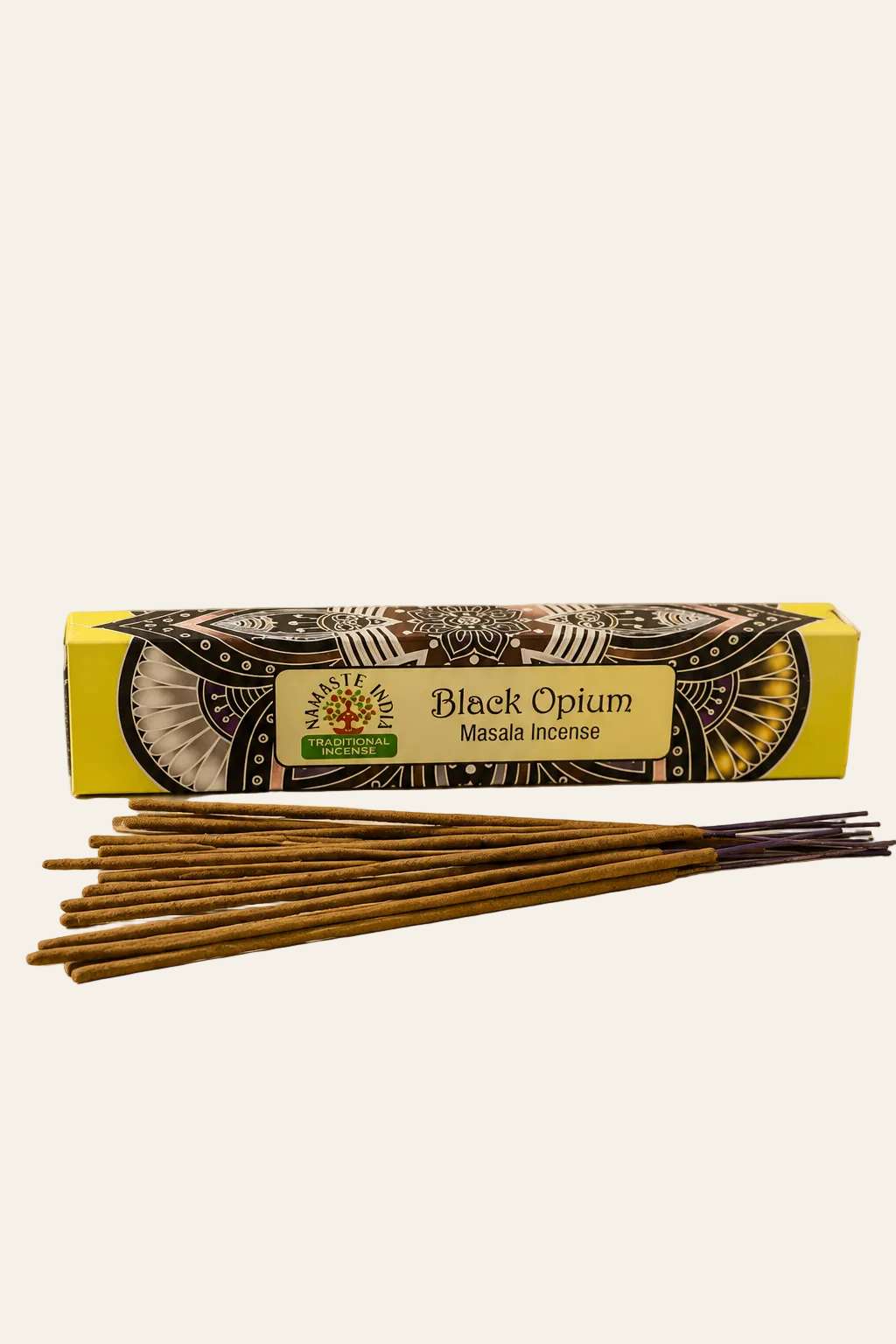 Black Opium masala wierookstokjes op een lichte beige achtergrond als productfoto