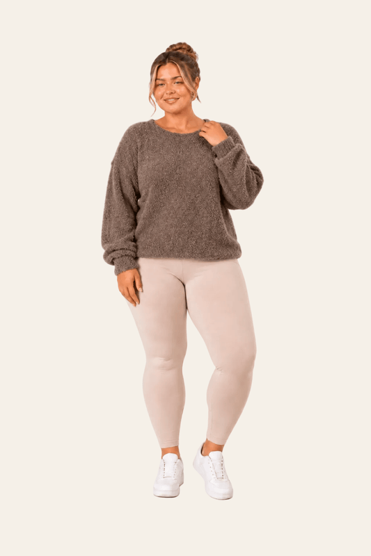 Women's bouclé sweater with round neck and decorative stitching