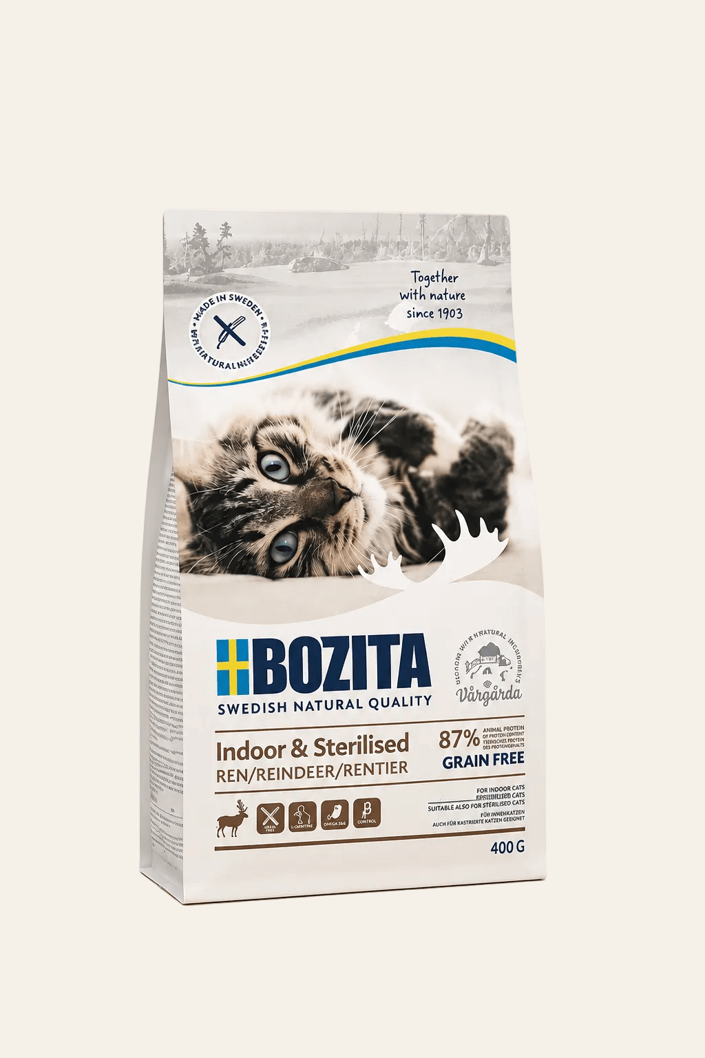 Bozita indoor & sterilised rendier graanvrije premium kattenvoeding 400 g.