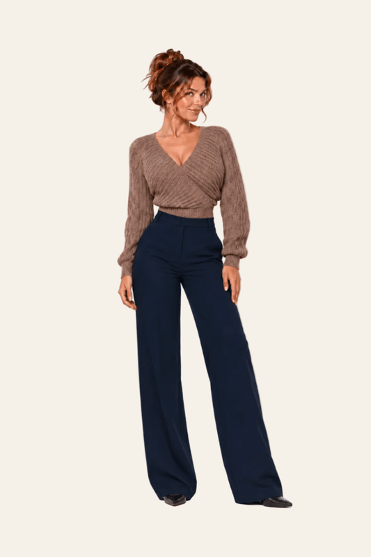 Vooraanzicht van marineblauwe LMB Boutique damesbroek met hoge taille en rechte pijp.