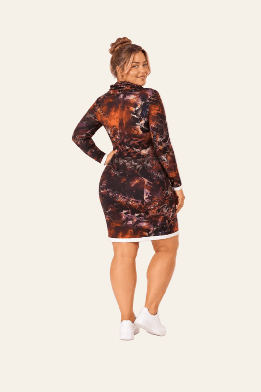 Brown turtleneck dress with pattern