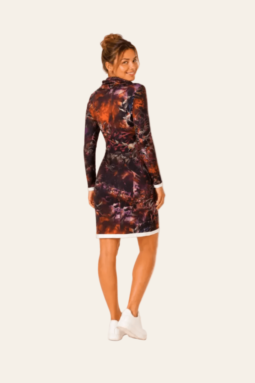 Brown turtleneck dress with pattern