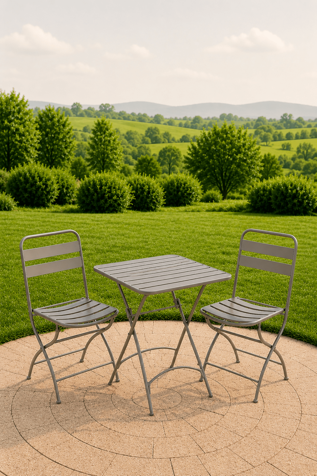 Bruine inklapbare metalen tuinbistroset met vierkante tafel en twee stoelen op een betegeld terras met uitzicht over een groen landschap
