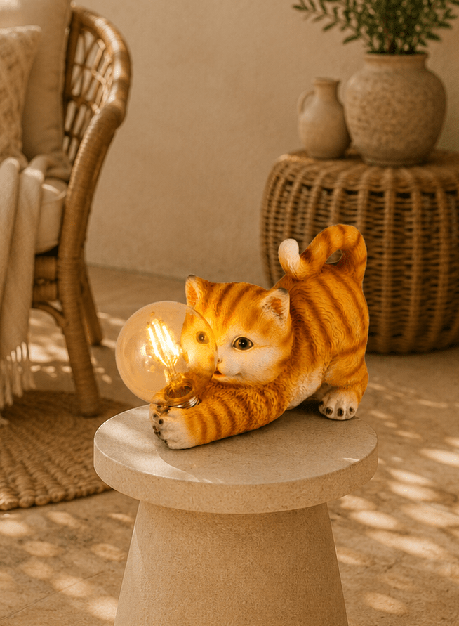 Buitenlamp van een speelse rosse kat in solar lamp vorm op een marmere vorm op een terras