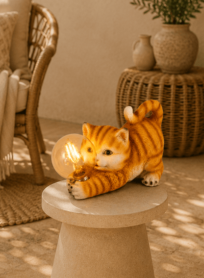 Buitenlamp van een speelse rosse kat in solar lamp vorm op een marmere vorm op een terras