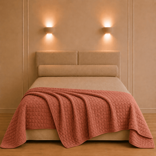Cambra bedsprei van Vivaraise in diepe roestbruine terracottakleur los gedrapeerd over een opgemaakt bed