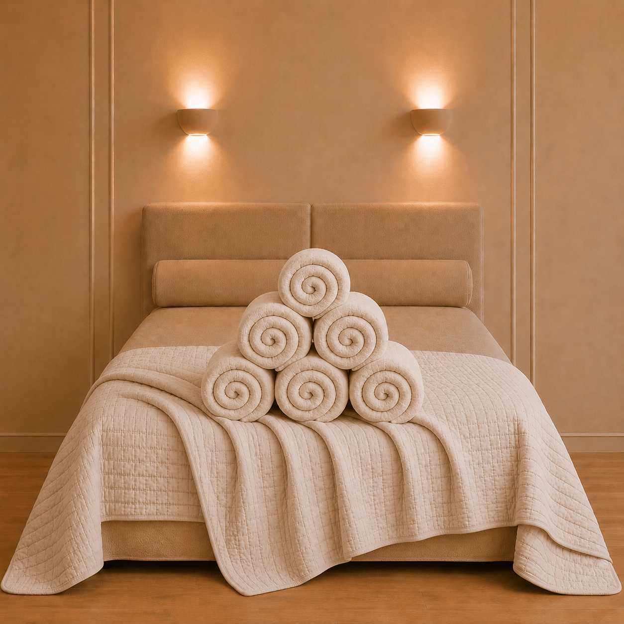Sfeervol opgemaakt bed met de Cambra katoenen bedsprei in naturelkleur en verfijnde ton sur ton stiksels
