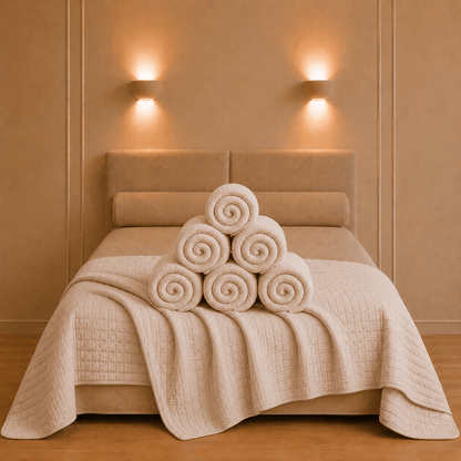 Sfeervol opgemaakt bed met de Cambra katoenen bedsprei in naturelkleur en verfijnde ton sur ton stiksels