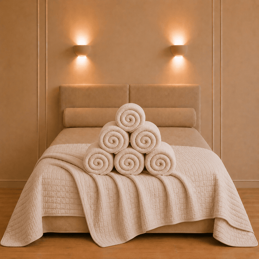 Sfeervol opgemaakt bed met de Cambra katoenen bedsprei in naturelkleur en verfijnde ton sur ton stiksels