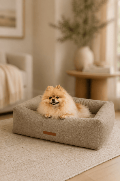 Caprice luxe hondenmand in bouclé stof hoogwaardige afwerking
