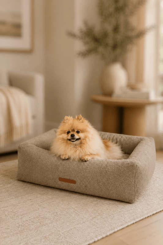 Caprice luxe hondenmand in bouclé stof hoogwaardige afwerking
