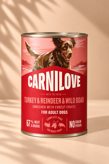 Carnilove hondenvoer in rood blik, Turkey Reindeer & Wild Boar, graanvrij natvoer voor volwassen honden, 6 x 400 g.