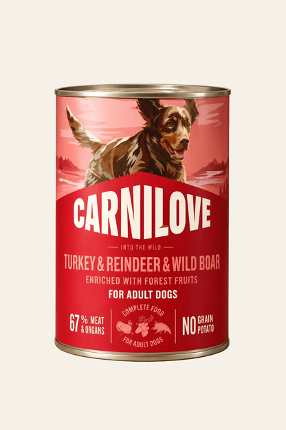 Carnilove hondenvoer in rood blik, Turkey Reindeer & Wild Boar, graanvrij natvoer voor volwassen honden, 6 x 400 g.