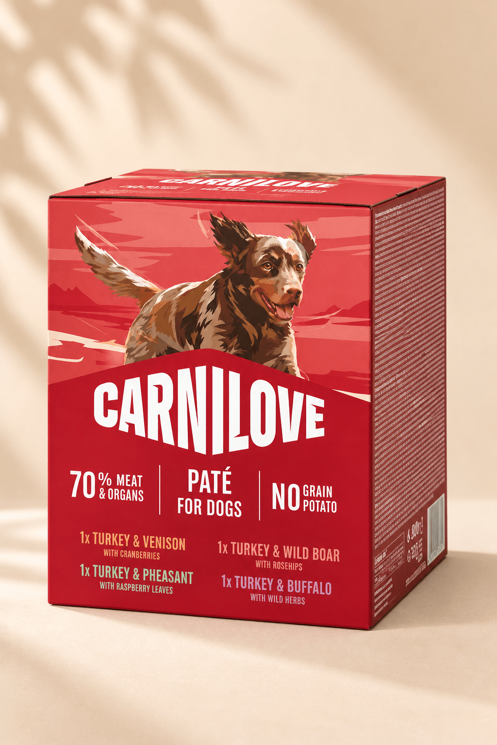 Carnilove Pouch Multipack graanvrij hondenvoer, rode voordeelbox met vier smaken vleespaté voor volwassen honden, 4 x 300 g.