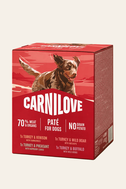 Carnilove Pouch Multipack graanvrij hondenvoer, rode voordeelbox met vier smaken vleespaté voor volwassen honden, 4 x 300 g.