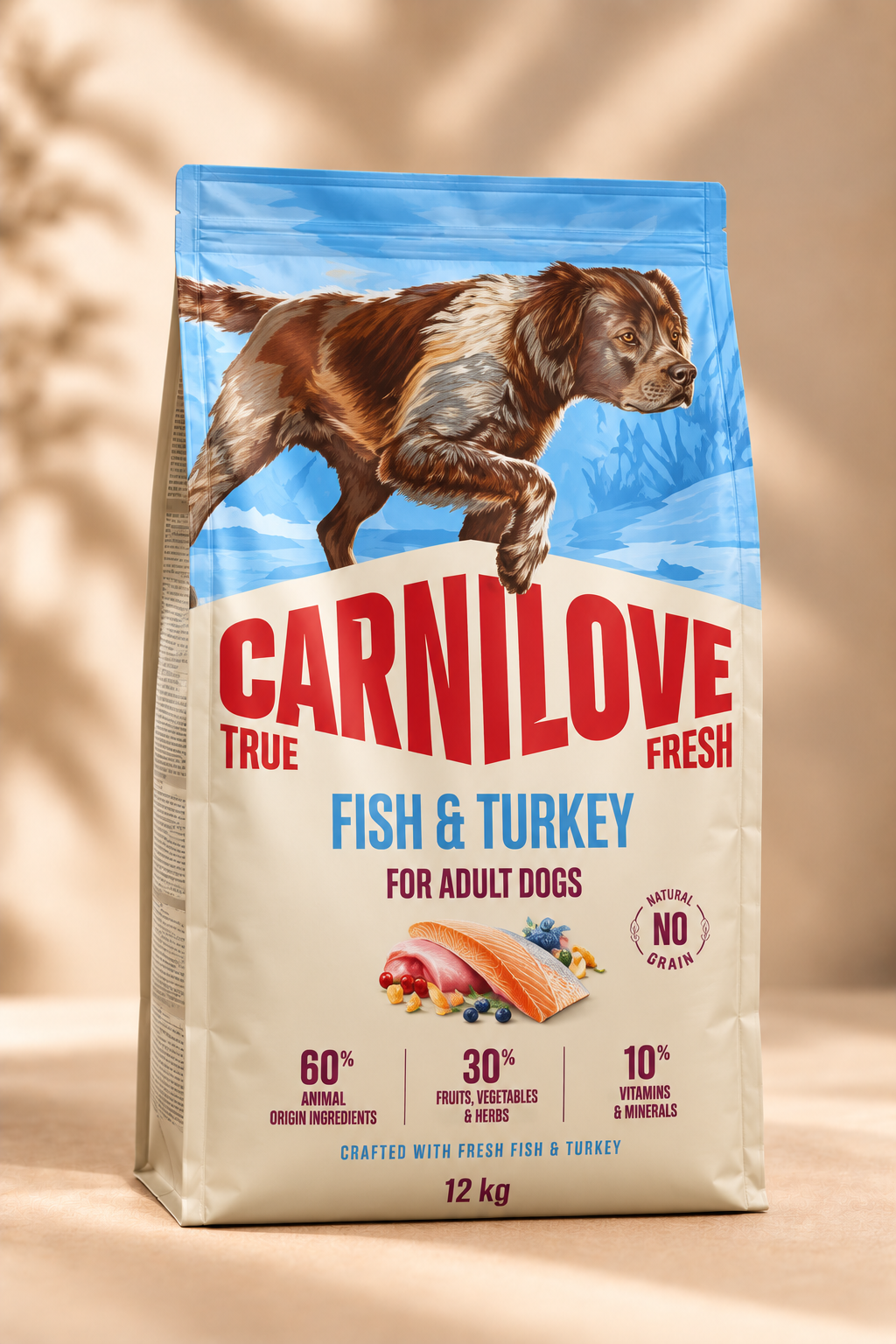 Carnilove True Fresh Adult Fish & Turkey graanvrij hondenvoer voor volwassen honden in een duidelijk afgebeelde zak van 12 kg