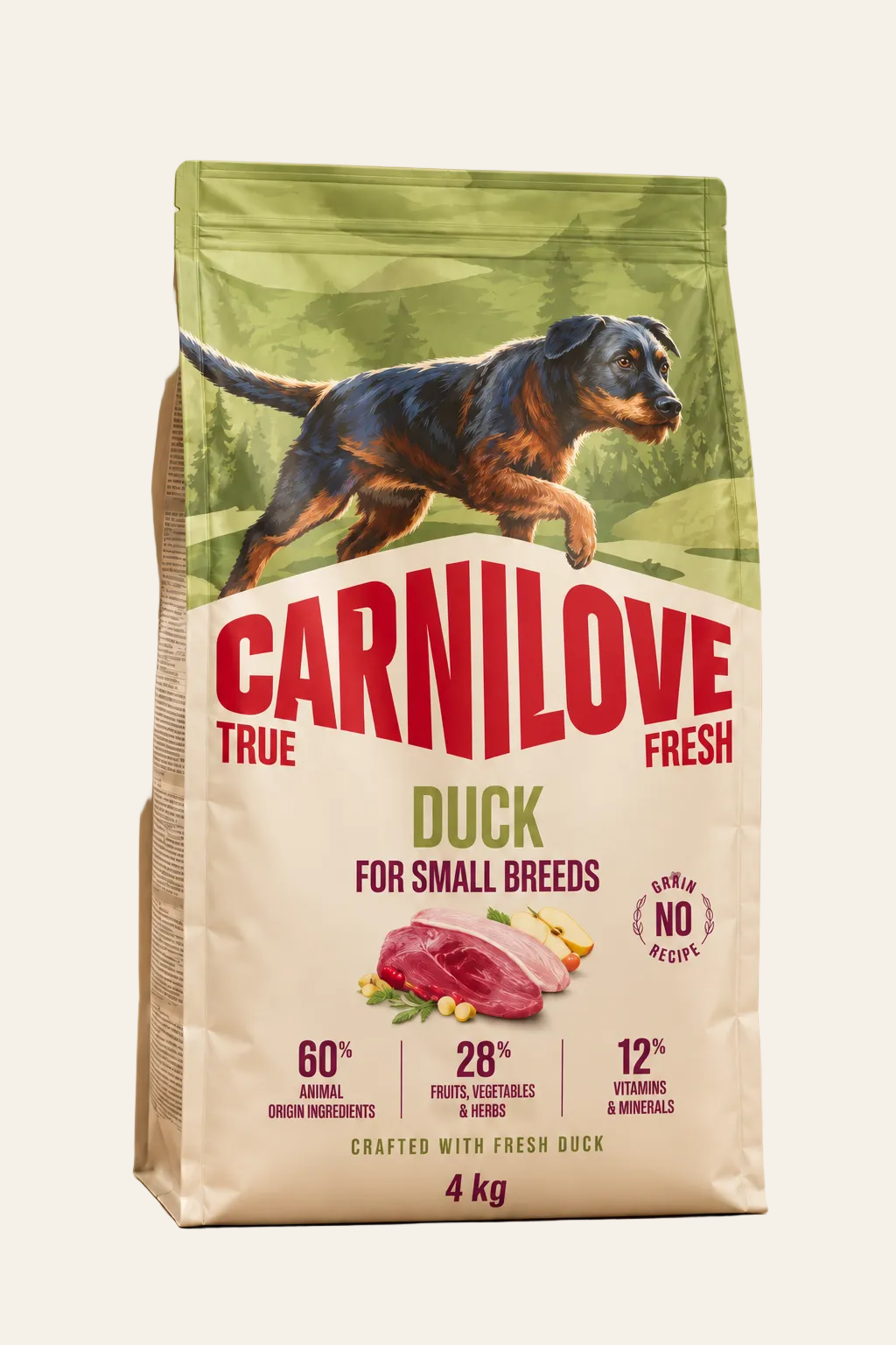 Carnilove True Fresh Adult Small Breed Duck graanvrij hondenvoer met verse eend voor kleine volwassen honden in een zak van 4 kg op een product achtergrond