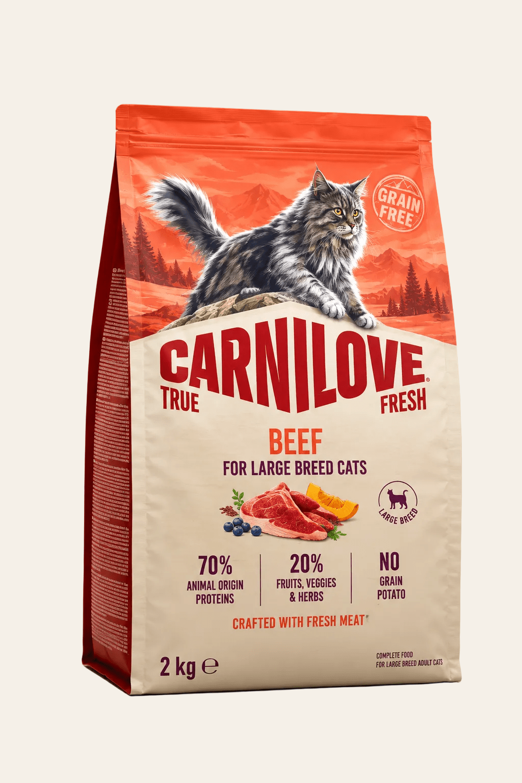 Carnilove True Fresh kattenbrokken met rund 2 kg in rood-beige zak met langharige kat, droogvoer voor volwassen grote kattenrassen.